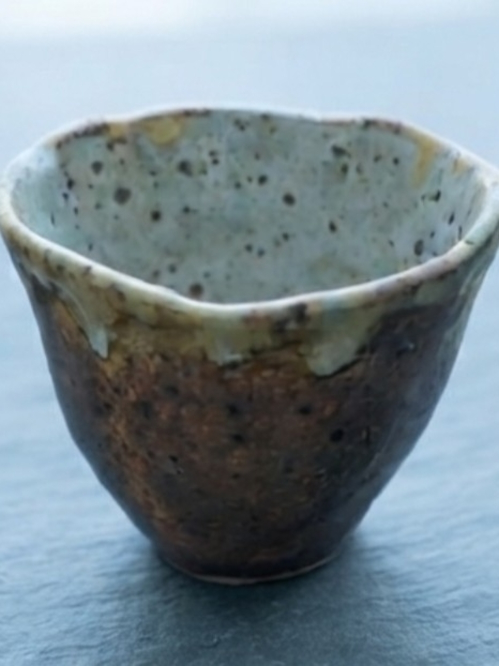 Handmade Studio Pottery Speckled Pinch Pot Cup Brown Off-White Glaze
